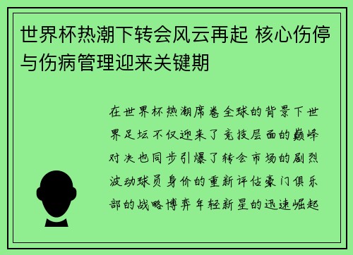 世界杯热潮下转会风云再起 核心伤停与伤病管理迎来关键期